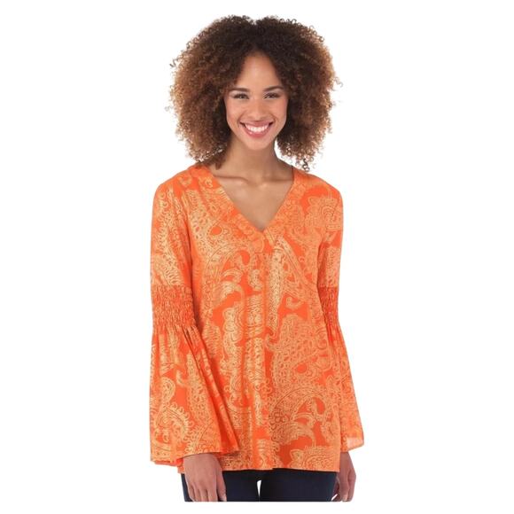 Michael Kors Poppy/Gold Samara Smocked Bell Sleeve Tunic Metallic Blouse Size 2X - Picture 4 of 13